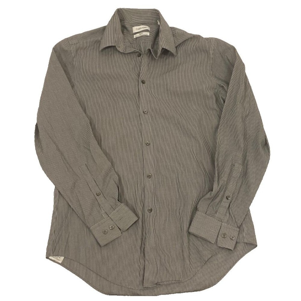 Calvin Klein Oxford Dress Shirt~Mens 15 32/33~Charcoal/White Striped~Button Down